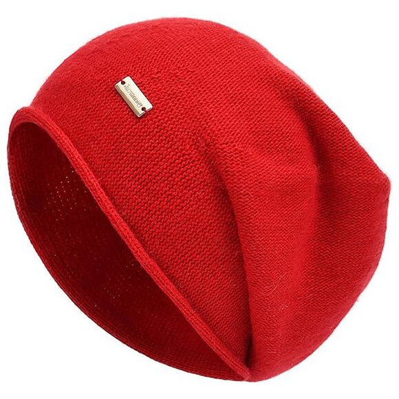 Accessories - Cashmere Slouchy Knit Beanie Hat for Women Red